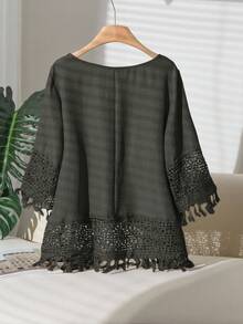 CosyJoli Camisa casual de vacaciones con parches de encaje y flecos en el bajo, talla grande