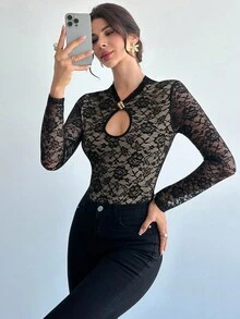 Firerie Women's V-Neck Black Lace Long Sleeve Bodysuit,Beige,Summer,Elegant,Night Out Party Cocktail Office Wear,Vacation Boho Music Festival Wedding - Black - View 4