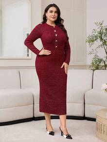 Modelyn Vestido de punto elegante y entallado de talla grande para ir al trabajo, ropa de otoño e invierno para mujeres - Burdeos - Ver 5