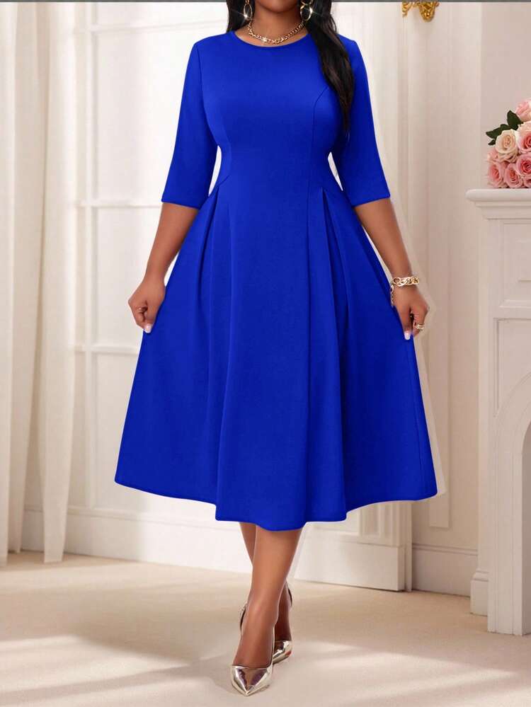SHEIN Lady 2025 New Plus Size Women's Elegant Summer And Winter Elegant Royal  Blue Knitted Round Neck Flowy Long Sleeve Plus Size Dresses Masquerade Ball  Dress White Long Sleeve Dress Valentines Clothes,Valentine's