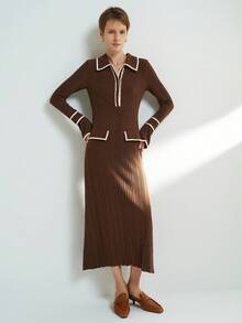 Airaco Deep Brown Commuter Open-Ended Pocket Decorated Knit Midi Dress, Autumn/Winter - Brown - View 7
