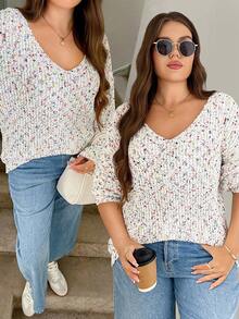 SHEIN LUNE Plus Size Polka Dot Crew Neck Sweater, Casual For Autumn/Winter Long Sleeve Sweater V-Neck Sweater Confetti Sweater Winter Clothes For Women Women's Winter Sweater Fall Clothes For Women  Office Outfits For Women,Suitable For Daily Wear, Holiday Elegant Outfits,Office Siren Style Outfits Christmas - Multicolor - View 1