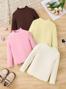 SHEIN LMoss Kids Áo thun dệt kim cổ lọ viền rau diếp LMoss Young Girl 4 món, đa năng, thích hợp mặc thường ngày và đi học vào mùa thu đông - Cà phê nâu - Xem 2