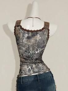 SHEIN ICON 女士性感火辣复古千禧风 Y2K 现代时尚个性前卫波西米亚风黑色佩斯利混色豹纹拼接网纱蕾丝撞色异域风情缎带V领修身上衣 - 彩色 - 查看 2