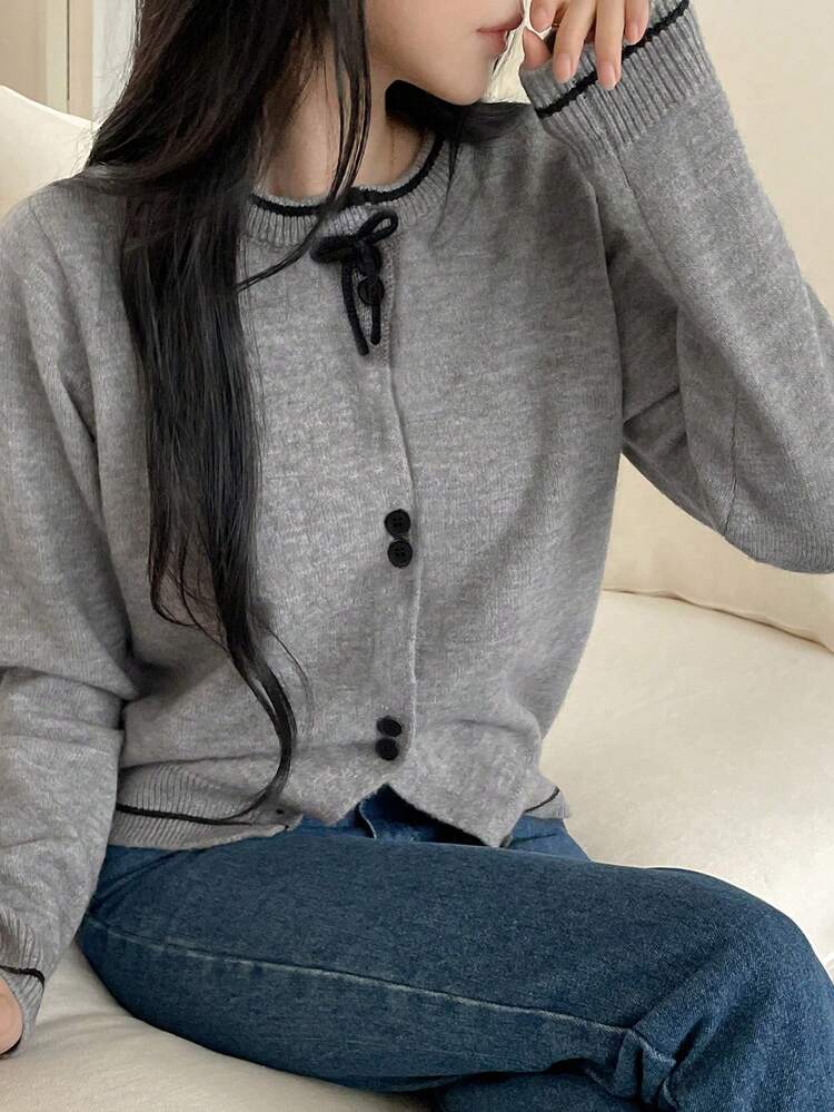 Teen Girl Contrast Color Bow Decor Round Neck Long Sleeve Single-Breasted Casual Cardigan Sweater Fall/Winter