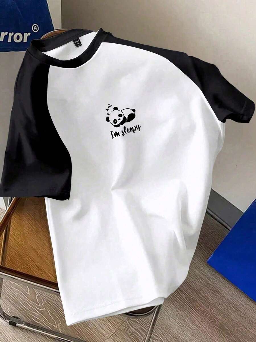 SHEIN Essnce T-shirt ajusté à col ras-du-cou, manches courtes, imprimé panda mignon et minimaliste casual pour femmes, légèrement transparent pour l'été - Noir et Blanc - Voir 1