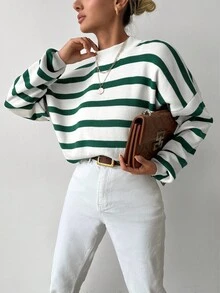 SHEIN Cottnline Plus Size Women Casual Corset Baggy Traditional Solid Color Round Neck Blue White Stripe Sweater Long Sleeve Top Formal Vacation Fall Evening - White - View 5