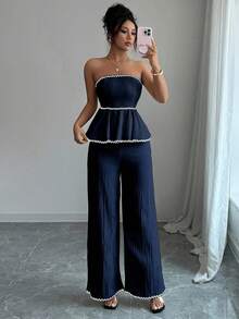 Elenzga Bộ 2 món đồ thời trang cho nữ áo bandeau và quần ống rộng - Màu xanh hải quân - Xem 4