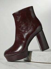 SHUZIA Botines de plataforma con cremallera y tacón de bloque de piel sintética de estilo casual para mujer - Marrón - Ver 7