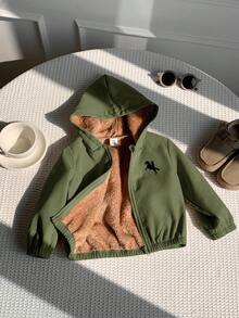 SHEIN 男女通用婴儿休闲可爱百搭卡其色羊毛加厚连帽夹克，男婴/女婴秋冬装 - 軍綠色 - 查看 4