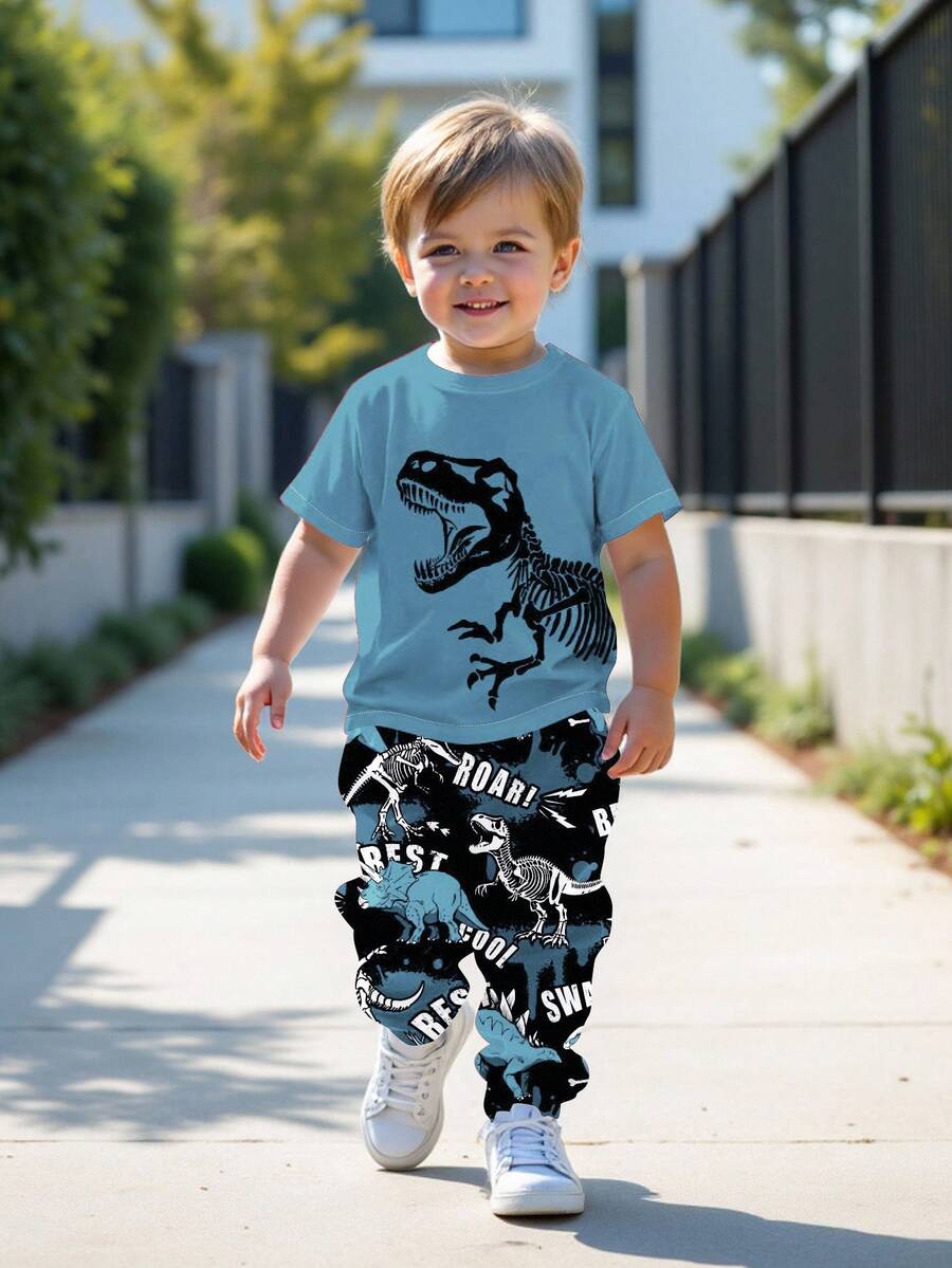 SHEIN 2件套年轻男孩休闲恐龙和卡通动物印花Y2K街头风格圆领短袖T恤和裤子 - 白色 - 查看 1