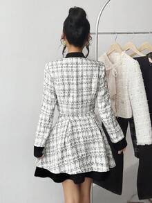 SHEIN 2件套少女粗花呢长袖上衣和迷你裙时尚套装 - 黑與白 - 查看 2