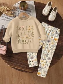 2 件套可爱甜美年轻女孩休闲花卉印花针织柔软圆领长袖运动衫和紧身裤套装，适合秋冬季，舒适时尚的休闲装，非常适合返校、户外野餐、街头摄影、居家、校园、节日、礼物