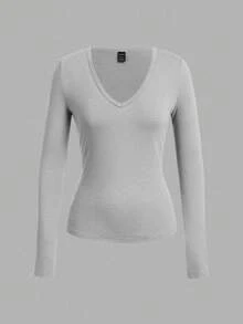 SHEIN EZwear Bộ 3 áo thun dài tay cổ chữ V sâu ôm vừa vặn cho nữ, phù hợp cho mùa thu/đông - Nhiều màu - Xem 6