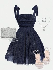 SHEIN Girlism 青少年女孩派对装，蝴蝶结网眼吊带褶皱无袖吊带荷叶边优雅连衣裙，适合圣诞节、秋冬连衣裙、万圣节、圣诞节、派对，皇家蓝色纯色连衣裙，太阳下摆连衣裙 - 寶藍色 - 查看 1