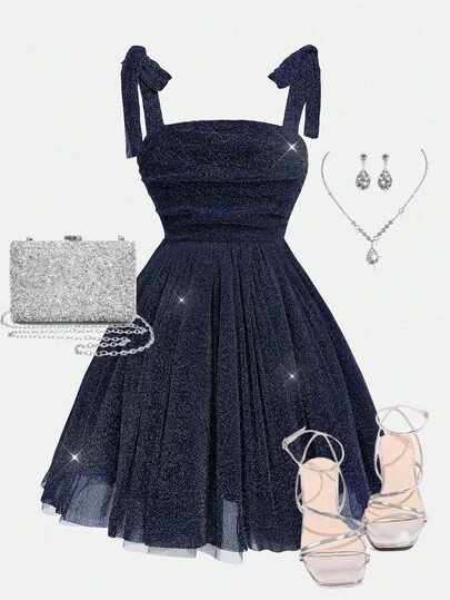 SHEIN Girlism 青少年女孩派对装，蝴蝶结网眼吊带褶皱无袖吊带荷叶边优雅连衣裙，适合圣诞节、秋冬连衣裙、万圣节、圣诞节、派对，皇家蓝色纯色连衣裙，太阳下摆连衣裙