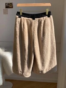 Comfortcana 女士休闲撞色腰带宽松短裤，秋冬 - 卡其色 - 查看 2
