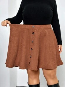 SHEIN CURVE+ Chân váy chữ A tối giản màu trơn cỡ lớn cài nút phía trước, mặc thường ngày - màu nâu - Xem 9