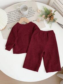 SHEIN Babygirl 休闲针织卡其色长袖上衣和松紧腰裤两件套，秋冬