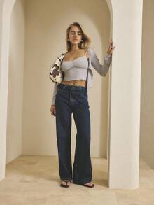 Aralina 女士休闲牛仔夏/秋/冬 Y2K 90 年代复古高腰流苏腰带牛仔裤，非常适合乡村音乐会服装、教师服装和万圣节服装 - 深色水洗藍 - 查看 1