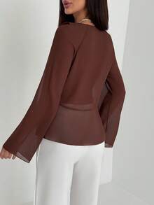 Aloruh 女士新款时尚通勤日常波西米亚风荷叶边装饰深V领长袖修身衬衫 - 棕色 - 查看 4