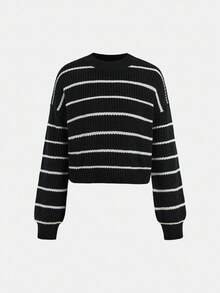 SHEIN TEENGIRL 黑白条纹基本款休闲圆领宽松灯笼袖毛衣，返校季学院风家居服套头衫，秋冬款 - 黑與白 - 查看 5