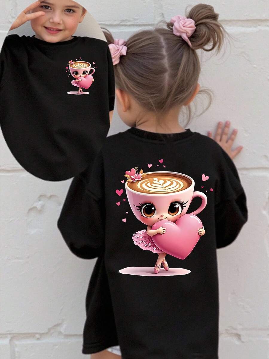 SHEIN Kleine Mädchen Lässig Modisch Kreativ Cartoon Tasse Ballett Kleine Mädchen Herz Grafik Muster Basic Kurzarm T-Shirt, Kleine Mädchen Schwarz Langarm Kawaii Süß Langarm T-Shirt - Schwarz - Übersicht 1
