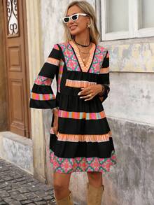 Brillora Women's V-Neck Ruffle Hem A-Line Print Vacation Dress - Black - View 4