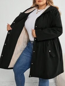 SHEIN CURVE+ 大码女装/秋季服装/秋季女装/冬季女装/冬季女装大码女式长袖前袋休闲宽松连帽抓绒冬装外套大码夹克8XL女装6XL加大码女装5XL加大码女装大码女装 - 黑色 - 查看 4