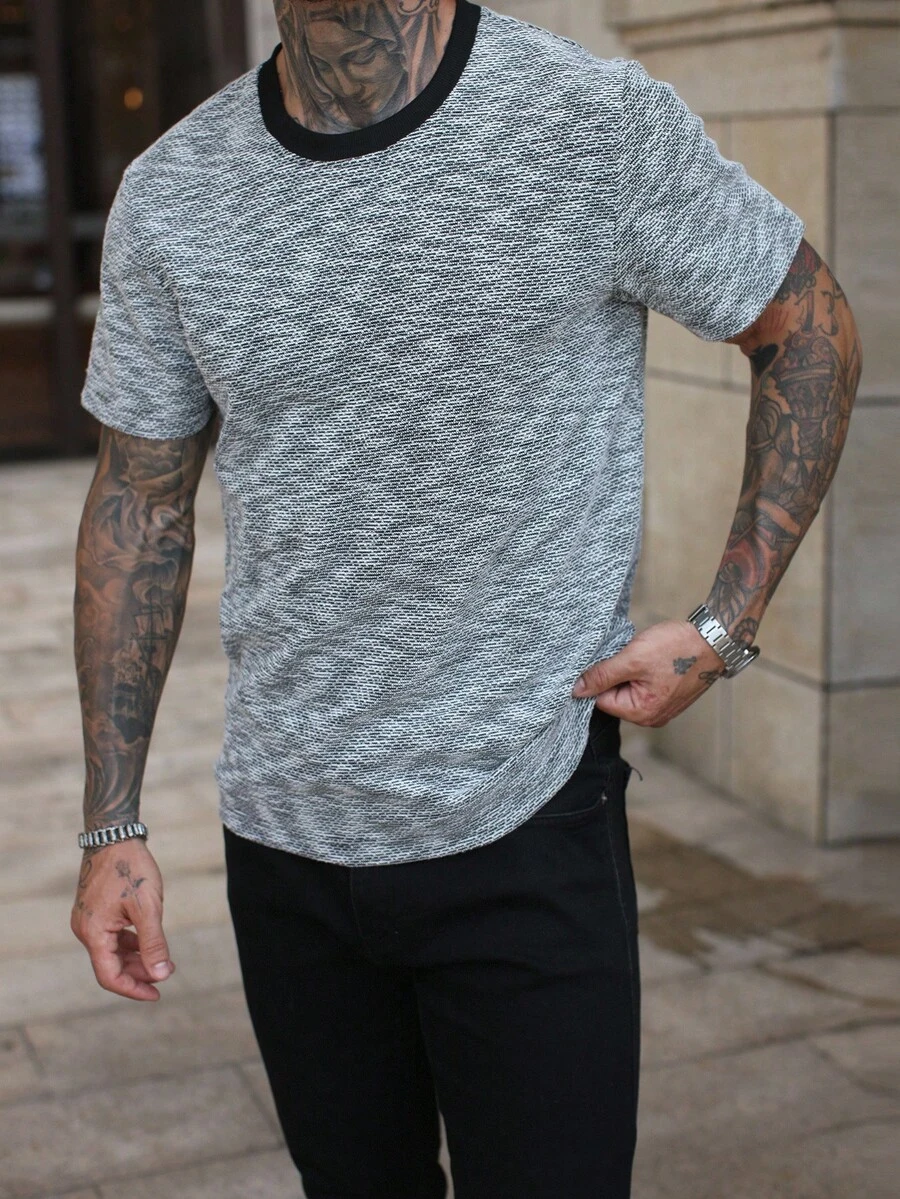 Manfinity Homme Men's Casual Contrast Color Round Neck Short Sleeve T-Shirt, Summer