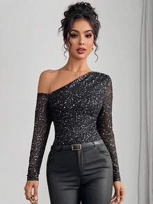 Almamuse Women's Fashion Metallic Polka Dot Mesh Print Off-Shoulder Long Sleeve Bodysuit - Black - View 7