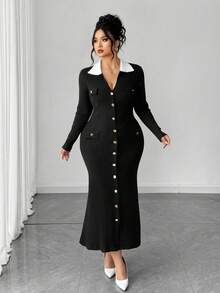 SHEIN Elenzya Plus Size Elegant Commuter Color Block Collar Button Front Knit Dress