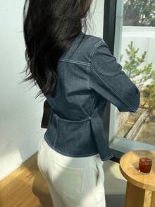 DAZY Women's Solid Color Fitted Short Denim Blouse, Autumn - Light Wash - View 2