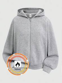 SHEIN Girlism 少女灰色保暖内衬卫衣，纯色长袖百搭套头衫，秋冬季休闲学院风卫衣，灰色拉链卫衣，青少年拉链卫衣，灰色拉链卫衣，少女拉链卫衣，儿童拉链卫衣，青少年拉链卫衣 - 灰色 - 查看 4