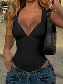 INAWLY Sexy Fitted Low-Cut Ribbed Bodysuit For Plus Size Women - Black - View 3