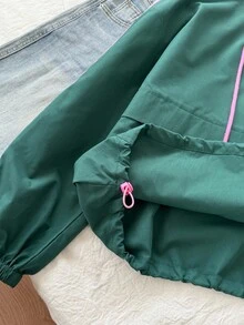 SHEIN EZwear 大码女式休闲侧条纹连帽绿色夹克 - 綠色 - 查看 6