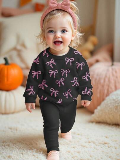 SHEIN Happikins 女婴黑色可爱迷你豹纹蝴蝶结设计休闲针织柔软加厚圆领长袖卫衣和打底裤套装，适合秋冬季节穿着，舒适透气，适合宝宝秋季叠穿，时尚百搭，休闲装扮，女婴图案服装，返校季、秋季服装、返校节