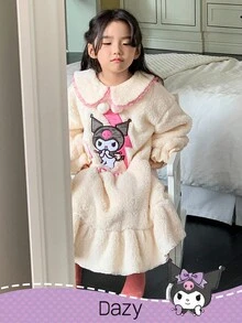 DAZY HELLO KITTY AND FRIENDS | SHEIN 少女冬季卡通刺绣彼得潘领睡衣套装，秋冬 - 米色 - 查看 6