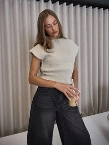 MUSERA Áo len tay ngắn cổ thuyền, dáng lửng, cạp chun, dễ thương, thanh lịch, gợi cảm, thích hợp cho tiệc tối, mùa đông, mùa xuân, đi nghỉ mát. - Màu Khaki - Xem 5