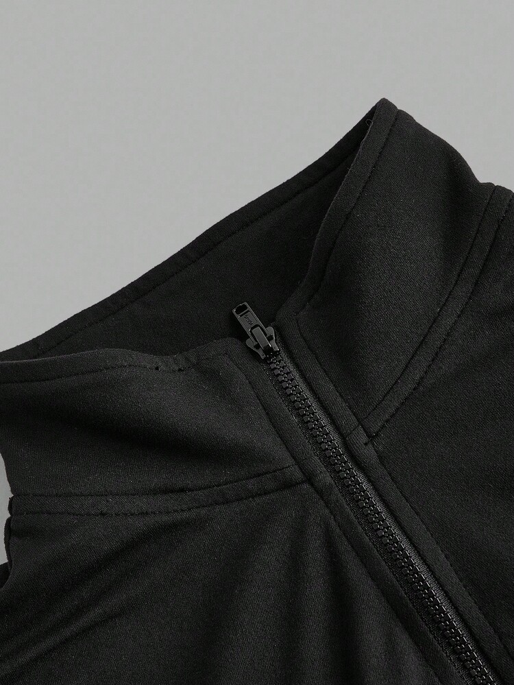 SHEIN EZwear 2pcs Black Knit Zip-Up Long Sleeve T-Shirt For Women, Suitable For Autumn/Winter,Fall - Multicolor - View 7