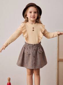 PrepCrw Conjunto de camiseta con cuello de volantes y falda a cuadros, estilo escolar para niñas jóvenes - Multicolor - Ver 8