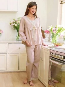 Snug Reverie Contrast Trim Collar Tie Bow Decor Long Sleeve & Pants Women Pajama Set, Fall Clothes - Baby Pink - View 3