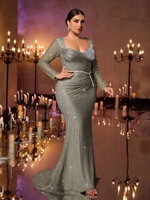 Glamrae Elegantes luxuriöses Kleid in Große Größen mit Pailletten, Tüll und gerafftem Meerjungfrauensaum, geeignet für Hochzeiten, Partys, Urlaub, Galas und formelle Anlässe (starke Verzierung)