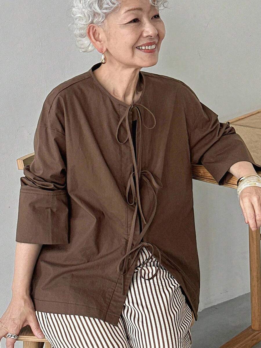 FRIFUL 女式棉麻混纺宽松蝴蝶结前抽绳休闲长袖衬衫上衣，秋季棕色衬衫女式棕色系带前衬衫大地色衬衫女式棕色衬衫棕色上衣 - 棕色 - 查看 1