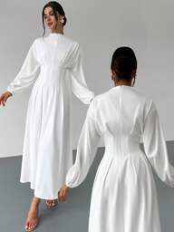 Firerie Elegante witte zomerjurk voor dames met riem, opstaande kraag, ruches, lampionmouwen en A-lijn midi-model, vintage jurk voor bruiloftsgast, afstuderen, werk, kantoor en herfst