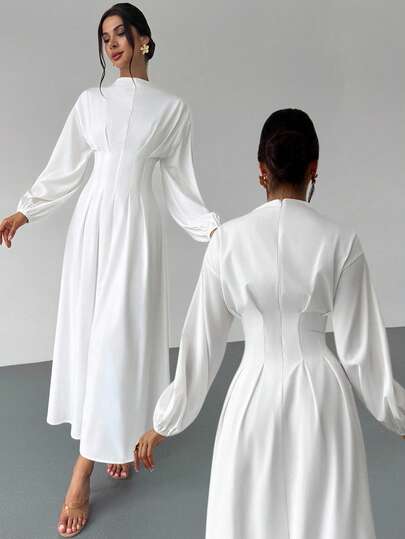 Firerie Women's Elegant White Belted Stand Collar Ruffle Lantern Sleeve A-Line Midi Dress, Suitable For Work, Office, Vacation, And Romantic Occasions, Spring/Summer/Autumn, White Graduation Dress, Vintage Dress,Fall