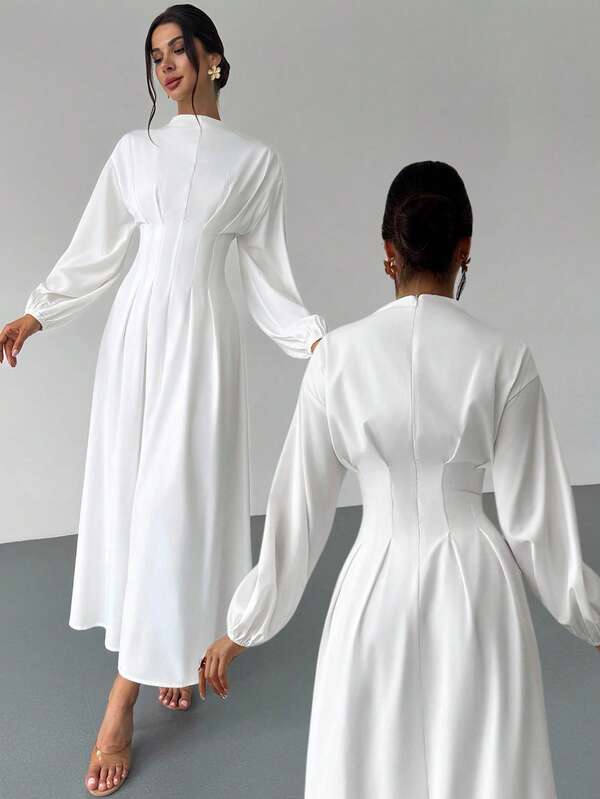 Firerie Women's Elegant White Belted Stand Collar Ruffle Lantern Sleeve A-Line Midi Dress, Suitable For Work, Office, Vacation, And Romantic Occasions, Spring/Summer/Autumn, White Graduation Dress, Vintage Dress,Fall