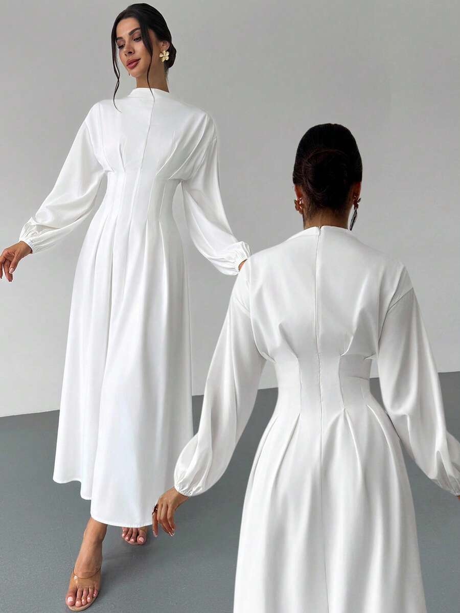 Firerie 女士优雅白色系带立领荷叶边灯笼袖 A 字中长连衣裙，适合工作、办公室、度假和浪漫场合，春夏秋季，白色毕业礼服，复古连衣裙 - 白色 - 查看 1