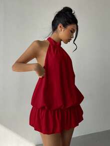 Aloruh 女式纯色荷叶边下摆挂脖迷你连衣裙 - 紅色 - 查看 4