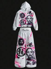 Manfinity EMRG 男士保暖内衬街头风流行INS风复古人像街头图案户外音乐节夜店男友老公周年纪念礼物二合一腰部运动裤和连帽卫衣套装，浅灰色，图案服装，Y2K风格服装，短款连帽衫，图案运动裤，印花运动套装，配套套装，秋冬 - 彩色 - 查看 3